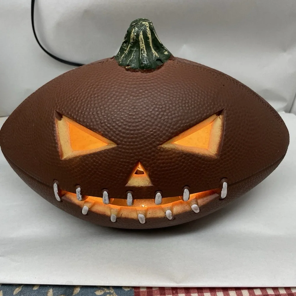 Gemmy Halloween Football Shaped Pumpkin Jack-O-Lantern Foam Blow Mold Light Lamp